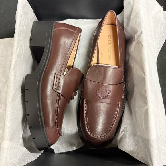 New Coach Leah Maple Brown Chunky Platform Leather Loafers 9 - Picture 1 of 6